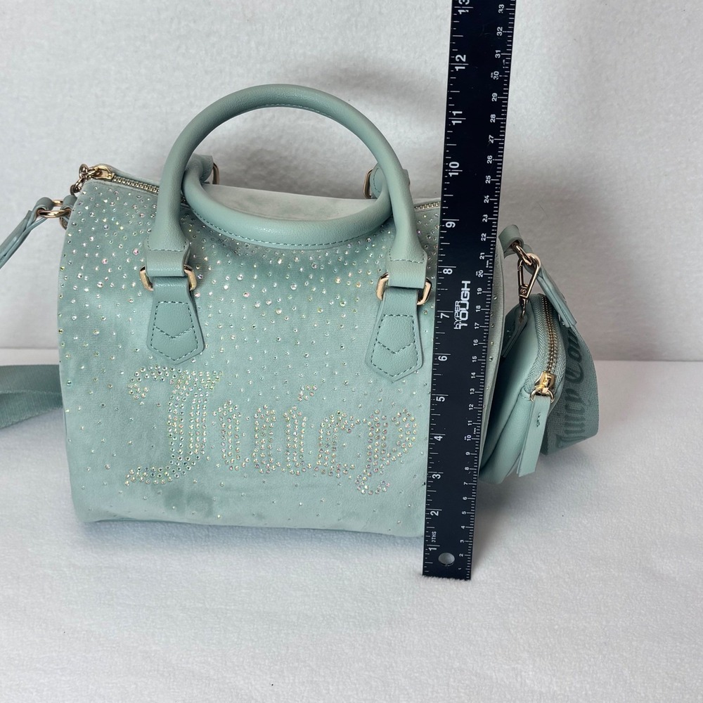 Juicy Couture Crossbody Satchel Bag Y2K Mint Green Blue Rhinestone Velour - Picture 11 of 14